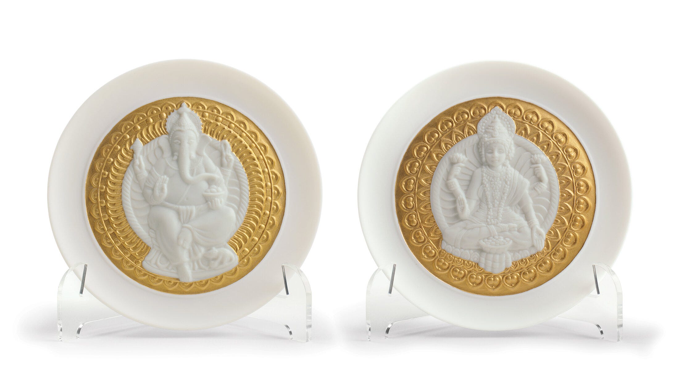 Set di piatti decorativi Goddes Lakshmi e Lord Ganesha. Lustro dorato