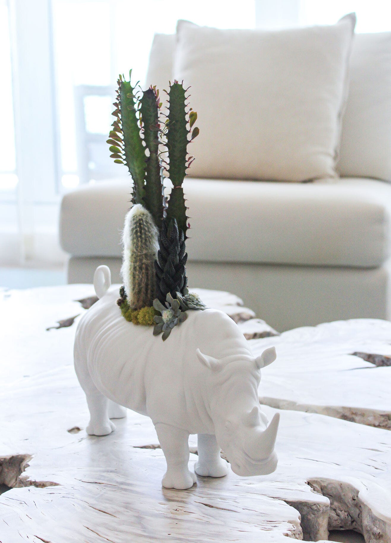 Rhino Garden Figurine. Matte White. Plant the Future