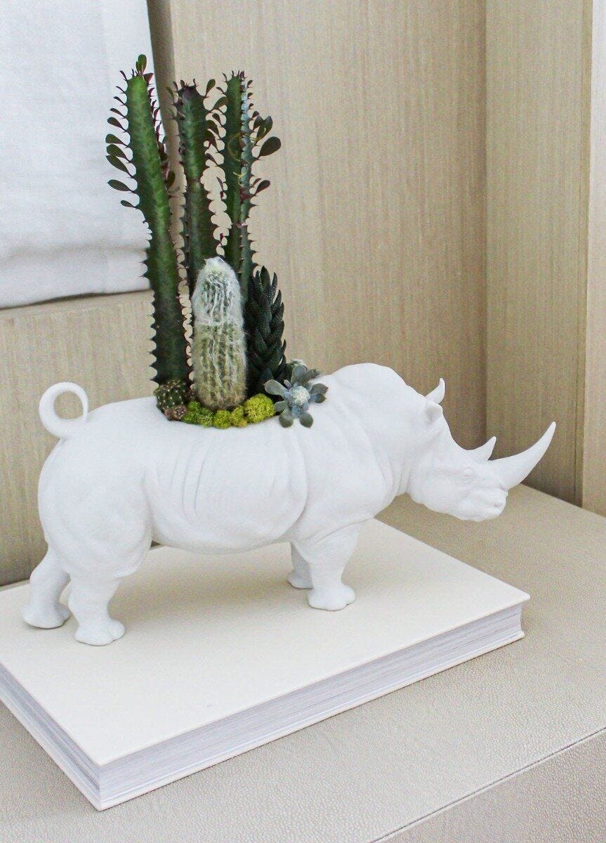 Rhino Garden Figurine. Matte White. Plant the Future
