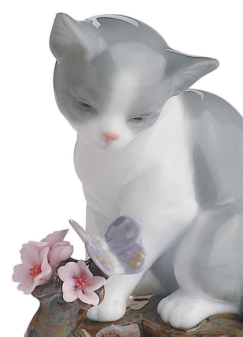 Cute and Kitschy Kitten Anthropomorphic Cat White Kitty With Flower Small  Grey Cat Figurine Cat Statue Kitten Figurine 