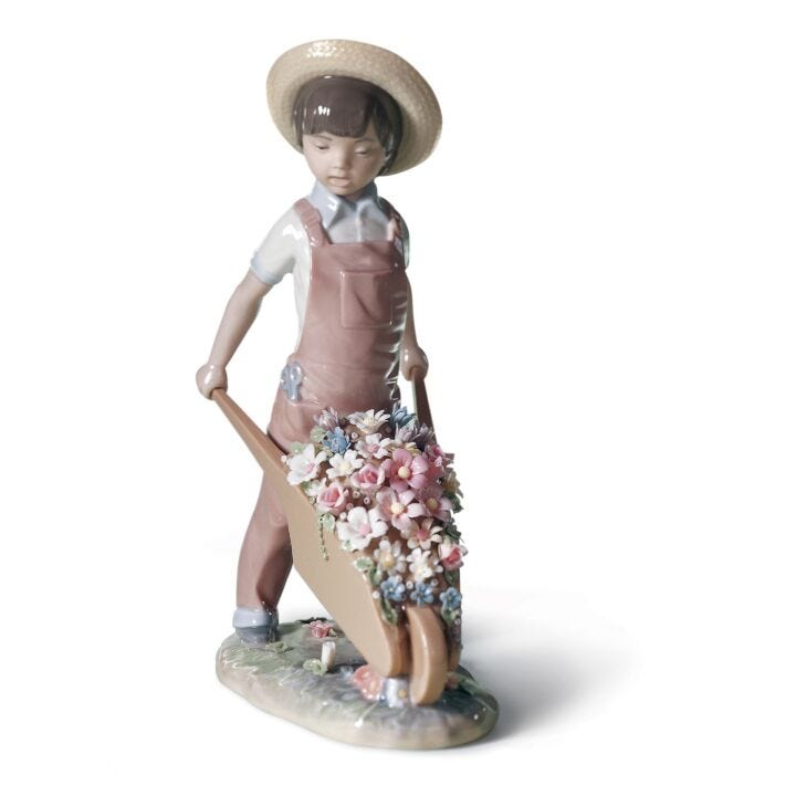 Wheelbarrow with Flowers Boy Figurine in Lladró