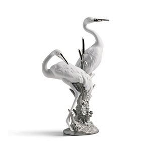 Courting Cranes Sculpture. Silver Lustre