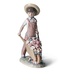 Wheelbarrow with Flowers Boy Figurine