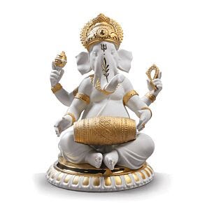 Mridangam Ganesha Figurine. Golden Lustre