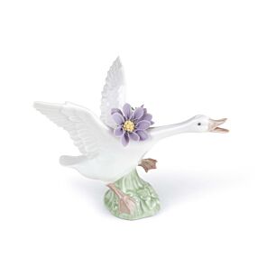 Jumping duck with purple dahlias