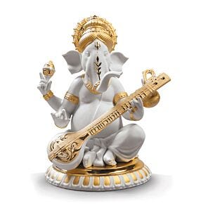 Veena Ganesha Figurine. Golden Lustre