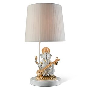 Lámpara de mesa Ganesha con veena. Lustre oro (US)